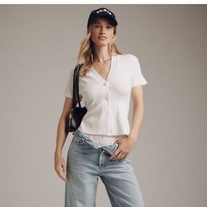 Maeve Short-Sleeve V-Neck Peplum Cardigan Sweater
